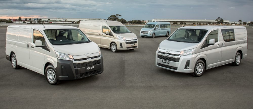 2019 Toyota HiAce Range (L-R) LWB Van, SLWB Van with option pack, Commuter GL and LWB Crew Van.